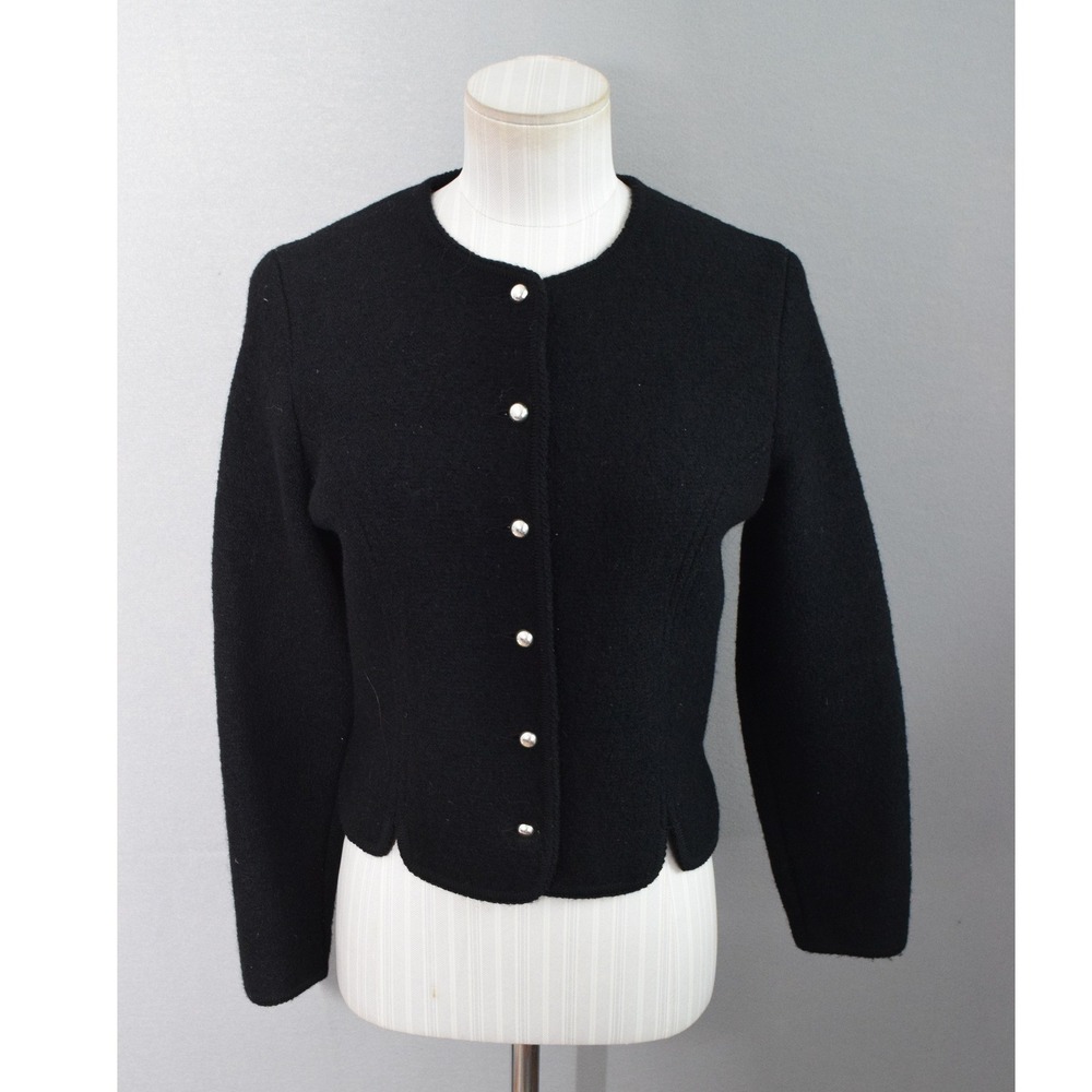 Geiger Tyrol Boiled Wool Jacket 38 Black Scalloped Hem Silver Button Austria